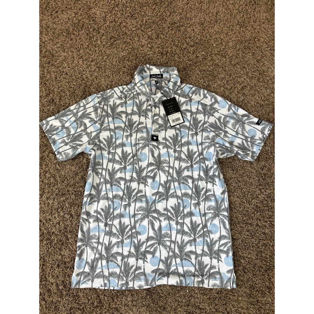 Bad Birdie Men's L Golf Polo Shirt Blue Palm Trees Short Sleeve Aloha Size Small